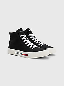 black mid-top lace-up canvas trainers for men tommy jeans