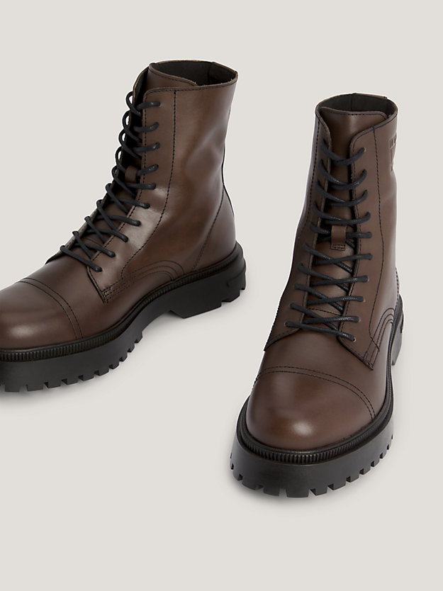 brown lace-up cleat debossed logo mid boots for men tommy jeans