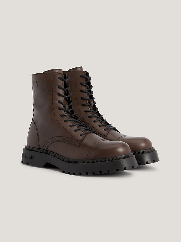 brown lace-up cleat debossed logo mid boots for men tommy jeans