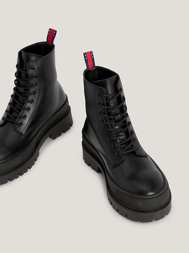 black leather foxing cleat lace-up boots for men tommy jeans