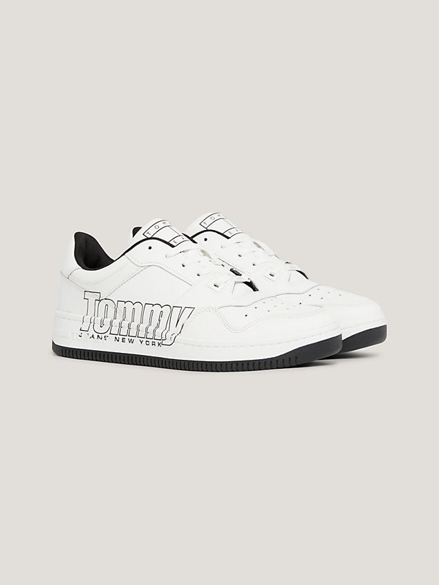 white contrast logo leather basketball trainers for men tommy jeans