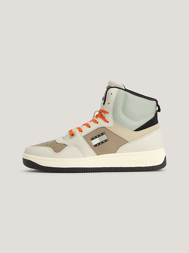 beige leather mid top basketball trainers for men tommy jeans