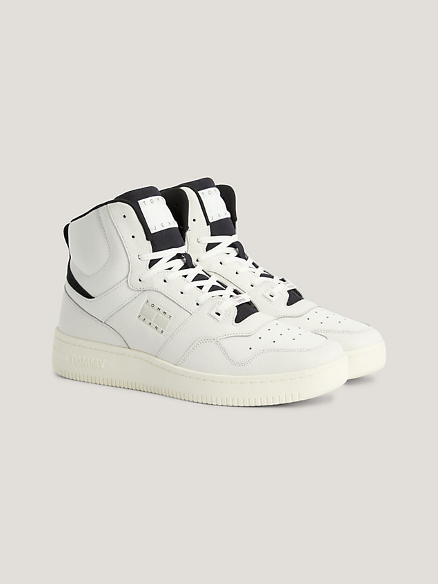 white leather mid top basketball trainers for men tommy jeans