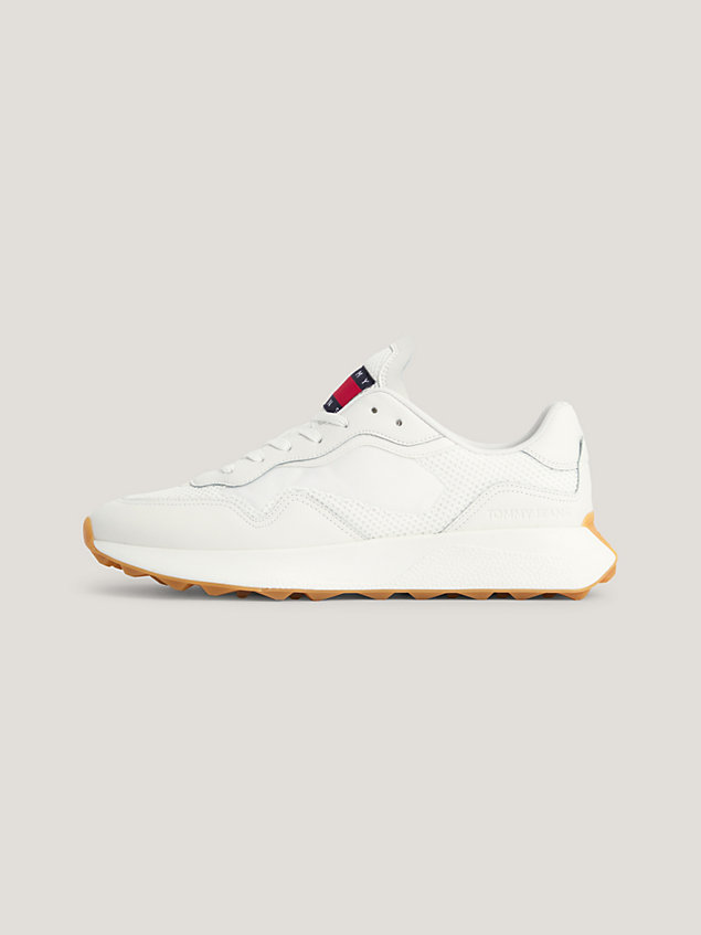 white mixed texture cleat leather runner trainers for men tommy jeans