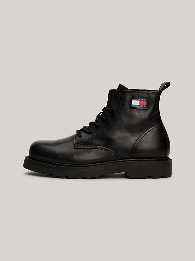 black leather lace-up cleat ankle boots for men tommy jeans