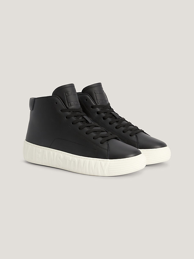 black leather logo outsole mid-top cupsole trainers for men tommy jeans