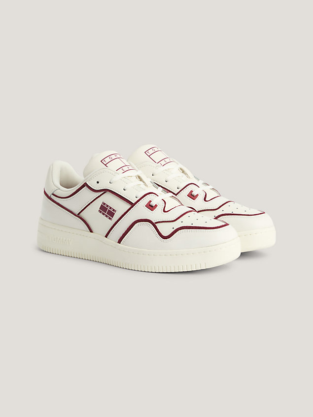 white tonal piping leather basketball trainers for men tommy jeans