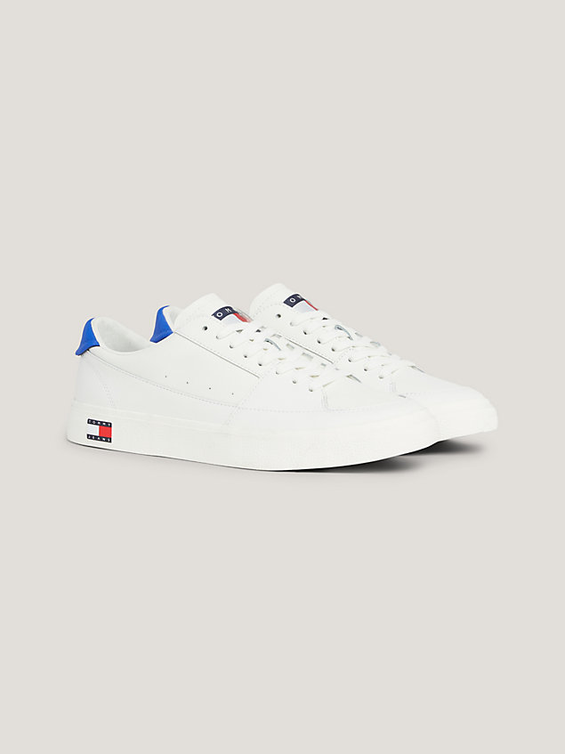 white contrast heel lace up leather trainers for men tommy jeans