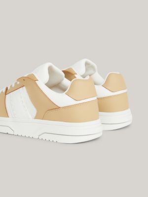 beige leather contrast panel cupsole fine-cleat trainers for men tommy jeans