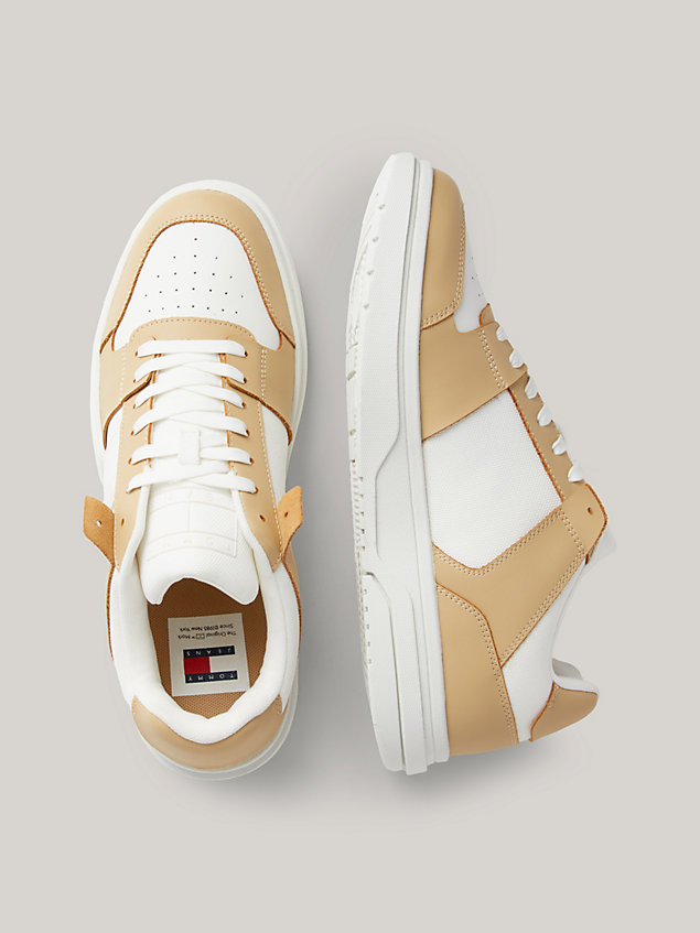 beige leather contrast panel cupsole fine-cleat trainers for men tommy jeans