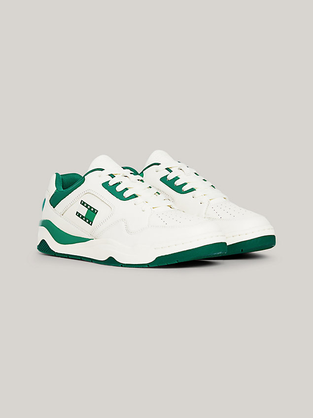 green leather contrast panel cupsole trainers for men tommy jeans
