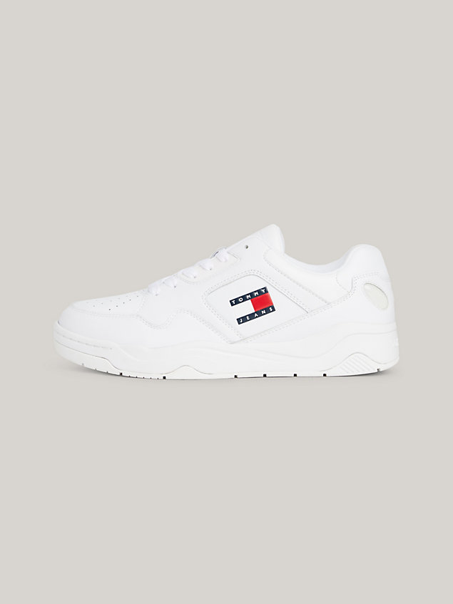 white leather contrast panel cupsole trainers for men tommy jeans