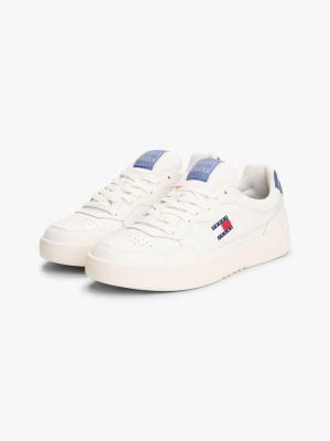 black leather mix embossed cupsole trainers for men tommy jeans