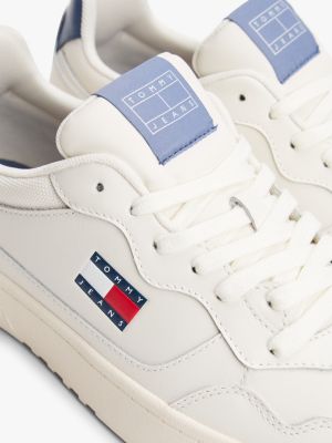 black leather mix embossed cupsole trainers for men tommy jeans
