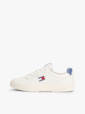 black leather mix embossed cupsole trainers for men tommy jeans
