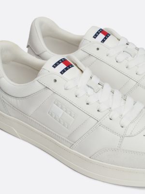 white tonal logo leather cupsole trainers for men tommy jeans