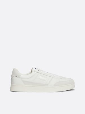 white tonal logo leather cupsole trainers for men tommy jeans