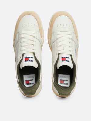 white tonal logo leather cupsole trainers for men tommy jeans