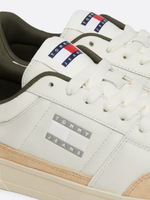 white tonal logo leather cupsole trainers for men tommy jeans