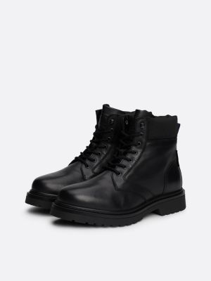 black leather cleat lace-up mid boots for men tommy jeans