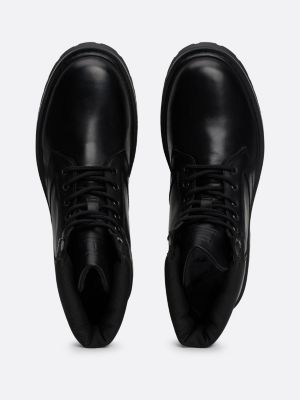 black leather cleat lace-up mid boots for men tommy jeans