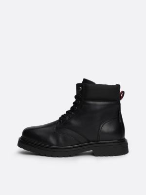 black leather cleat lace-up mid boots for men tommy jeans