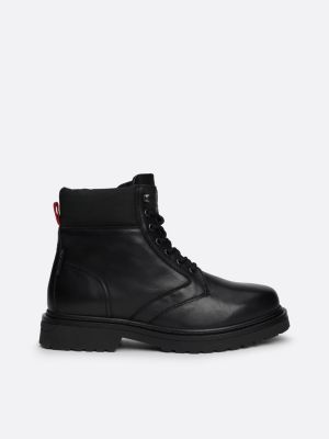 black leather cleat lace-up mid boots for men tommy jeans