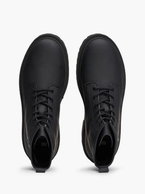 black matte leather cleat lace-up boots for men tommy jeans