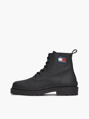 black matte leather cleat lace-up boots for men tommy jeans