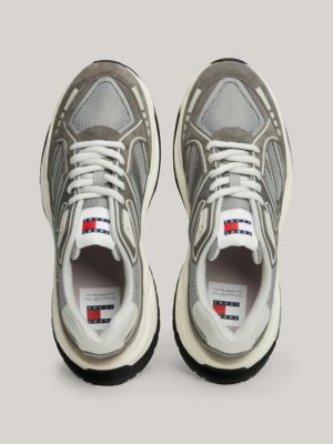 grey leather mesh panel runner trainers for men tommy jeans