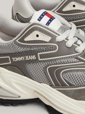 grey leather mesh panel runner trainers for men tommy jeans