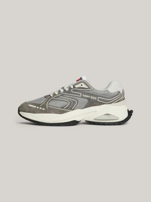 grey leather mesh panel runner trainers for men tommy jeans