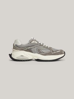 grey leather mesh panel runner trainers for men tommy jeans