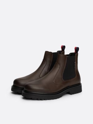 bruin leren signature chelsea boot met profielzool voor heren - tommy jeans