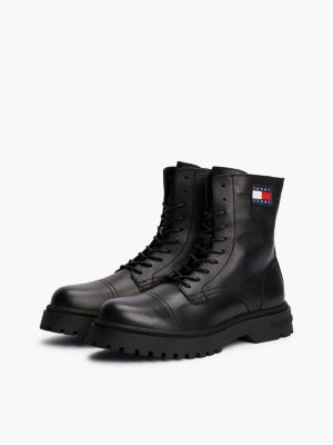 black leather cleat lace-up mid boots for men tommy jeans