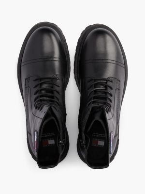 black leather cleat lace-up mid boots for men tommy jeans