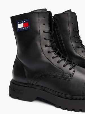 black leather cleat lace-up mid boots for men tommy jeans