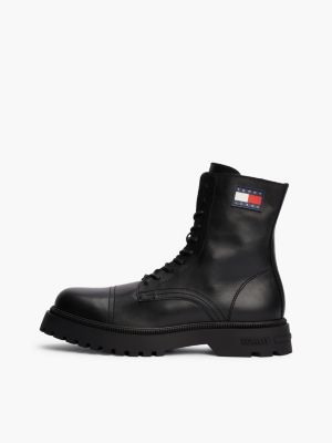 black leather cleat lace-up mid boots for men tommy jeans