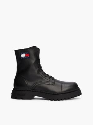 black leather cleat lace-up mid boots for men tommy jeans