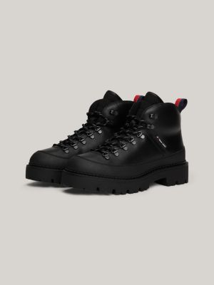 black leather lace-up cleat hiking boots for men tommy jeans