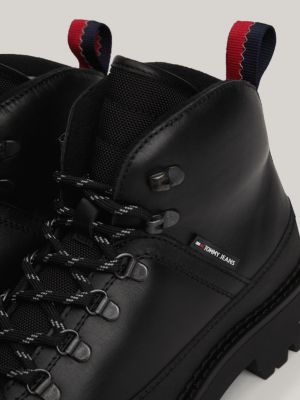 black leather lace-up cleat hiking boots for men tommy jeans