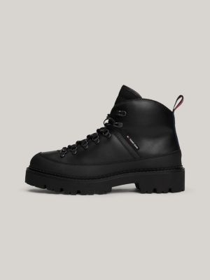 black leather lace-up cleat hiking boots for men tommy jeans