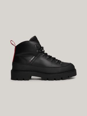 black leather lace-up cleat hiking boots for men tommy jeans