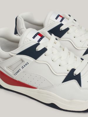 white leather colour-blocked logo basketball trainers for men tommy jeans