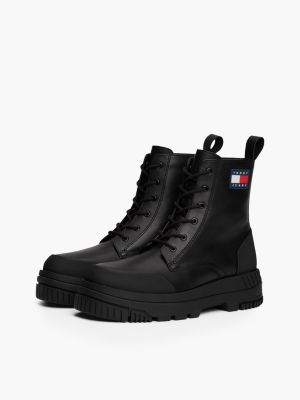 black leather lace-up cleat chunky mid boots for men tommy jeans