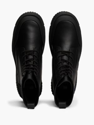 black leather lace-up cleat chunky mid boots for men tommy jeans