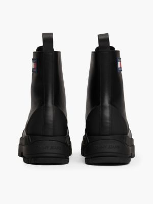 black leather lace-up cleat chunky mid boots for men tommy jeans