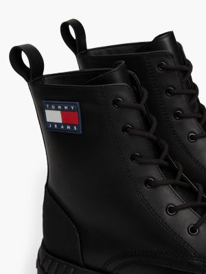 black leather lace-up cleat chunky mid boots for men tommy jeans