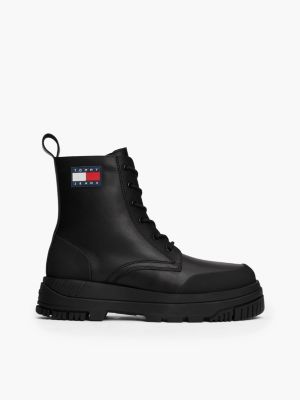 black leather lace-up cleat chunky mid boots for men tommy jeans