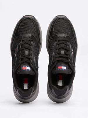 black colour-blocked mixed texture trainers for men tommy jeans